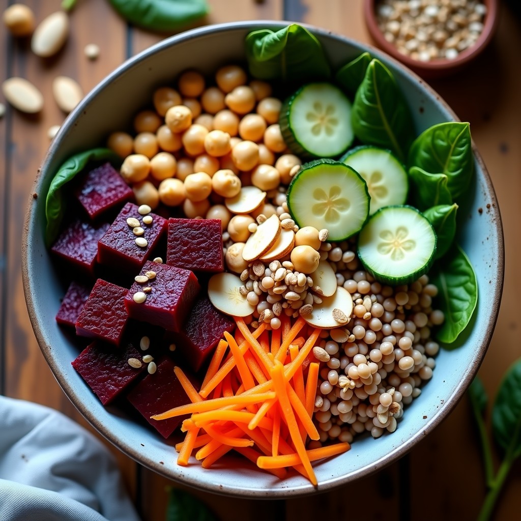 Buddha Bowl vegano con arroz salvaje oscuro, remolacha ahumada en cubos dorados, garbanzos, zanahoria morada en juliana, pepino persa y espinacas baby. Decorado con almendras fileteadas tostadas, semillas de sésamo y bañado en aliño cremoso de mostaza. Plato colorido y equilibrado sobre fondo rústico.