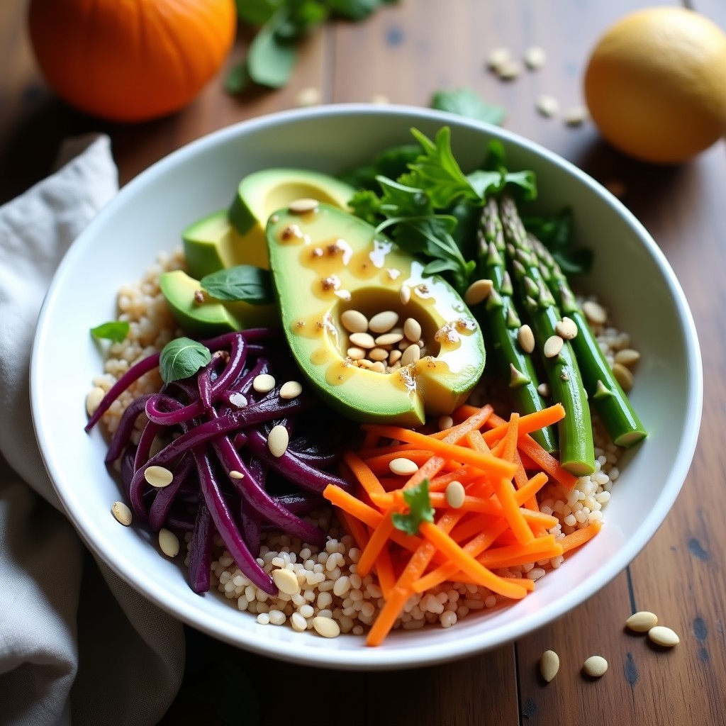 Buddha Bowl colorido con arroz silvestre y basmati, espárragos trigueros asados, zanahoria morada en juliana, aguacate en cubos, rúcula fresca y semillas de calabaza tostadas. todo regado con un aderezo dorado de limón y jengibre, servido en un cuenco hondo de cerámica blanca sobre fondo rústico.