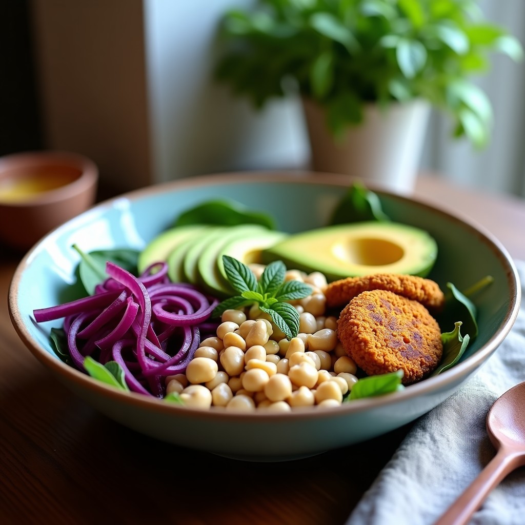 Buddha Bowl de batata morada cruda en juliana marinada, falafel crudivegano deshidratado dorado, aguacate en cubos, cebolla morada y semillas de girasol, regado con aliño cremoso de tahini y limón sobre hojas de espinaca baby. Plato colorido, fresco y con texturas variadas.