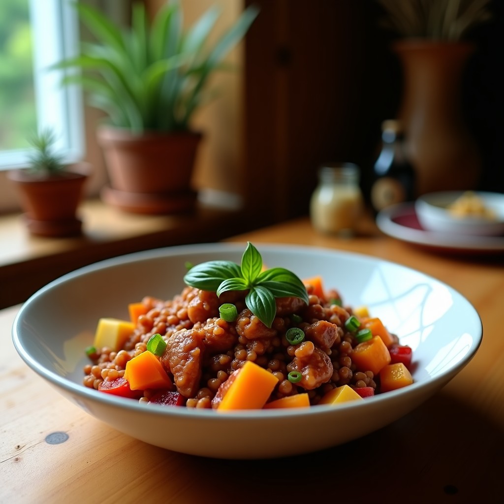 Buddha Bowl vegano con batata morada asada en cubos dorados, tempeh ahumado en tiras oscuras, col rizada masajeada, zanahoria en juliana, pimiento rojo, aguacate en láminas y semillas de girasol y sésamo negro. Aderezo cremoso de mostaza y agave en un cuenco hondo de cerámica blanca sobre fondo rústico de madera.