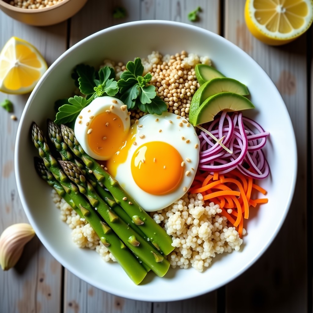 Buddha Bowl primaveral con espárragos blancos en láminas, huevos poché con yema líquida, quinoa esponjosa, aguacate en láminas, zanahoria morada en juliana y rúcula fresca. Todo coronado con almendras fileteadas, semillas de sésamo negro y bañado en una vinagreta brillante de limón y ajo. Plato colorido y equilibrado, ideal para una comida saludable.