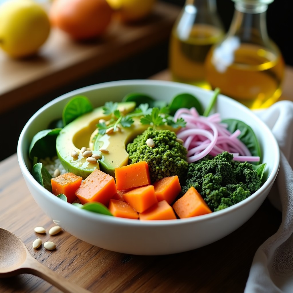 Buddha Bowl vegano detox con base de espinacas frescas, quinoa blanca, cubos de batata asada dorada, aguacate en láminas, cebolla morada en juliana, zanahoria rallada y semillas de calabaza. Espolvoreado con espirulina en polvo y perejil fresco, bañado en aderezo de limón y aceite de oliva virgen extra.