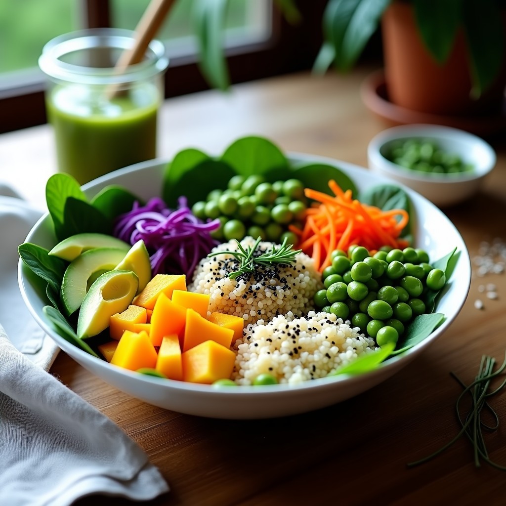 Buddha Bowl vegano con base de espinacas, quinoa, edamame, mango en cubos, zanahoria morada, pepino y aguacate. Decorado con semillas de sésamo negro, algas nori y cebollino, con un dressing verde de espirulina y sésamo al lado.