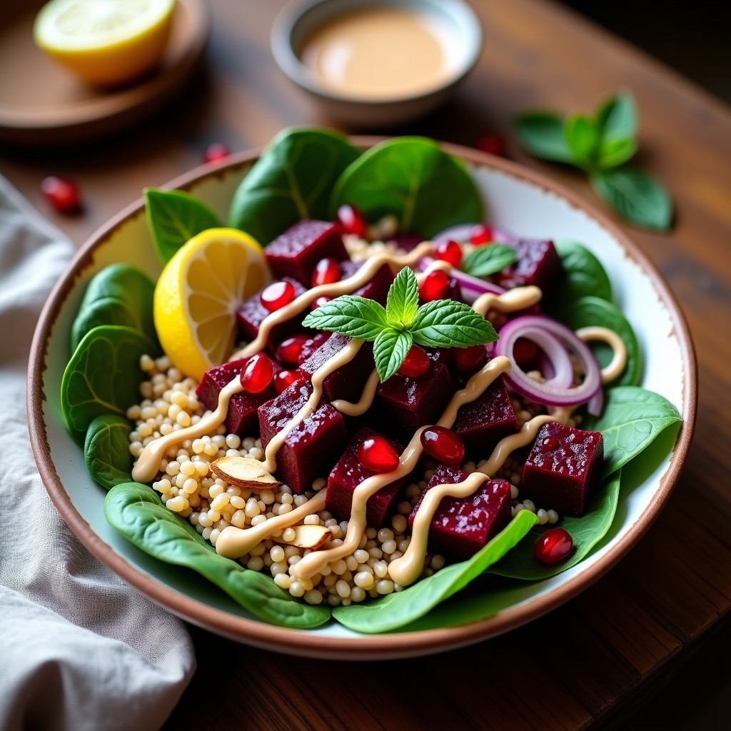 Buddha Bowl de Freekeh y Remolacha Asada con Tahini de Ajo Negro: plato hondo con base de espinacas baby, freekeh tostado, remolacha morada asada en cubos, granos de granada rojos, cebolla morada en juliana, almendras fileteadas doradas y salsa tahini cremosa de ajo negro, decorado con hojas de menta fresca y una rodaja de limón.