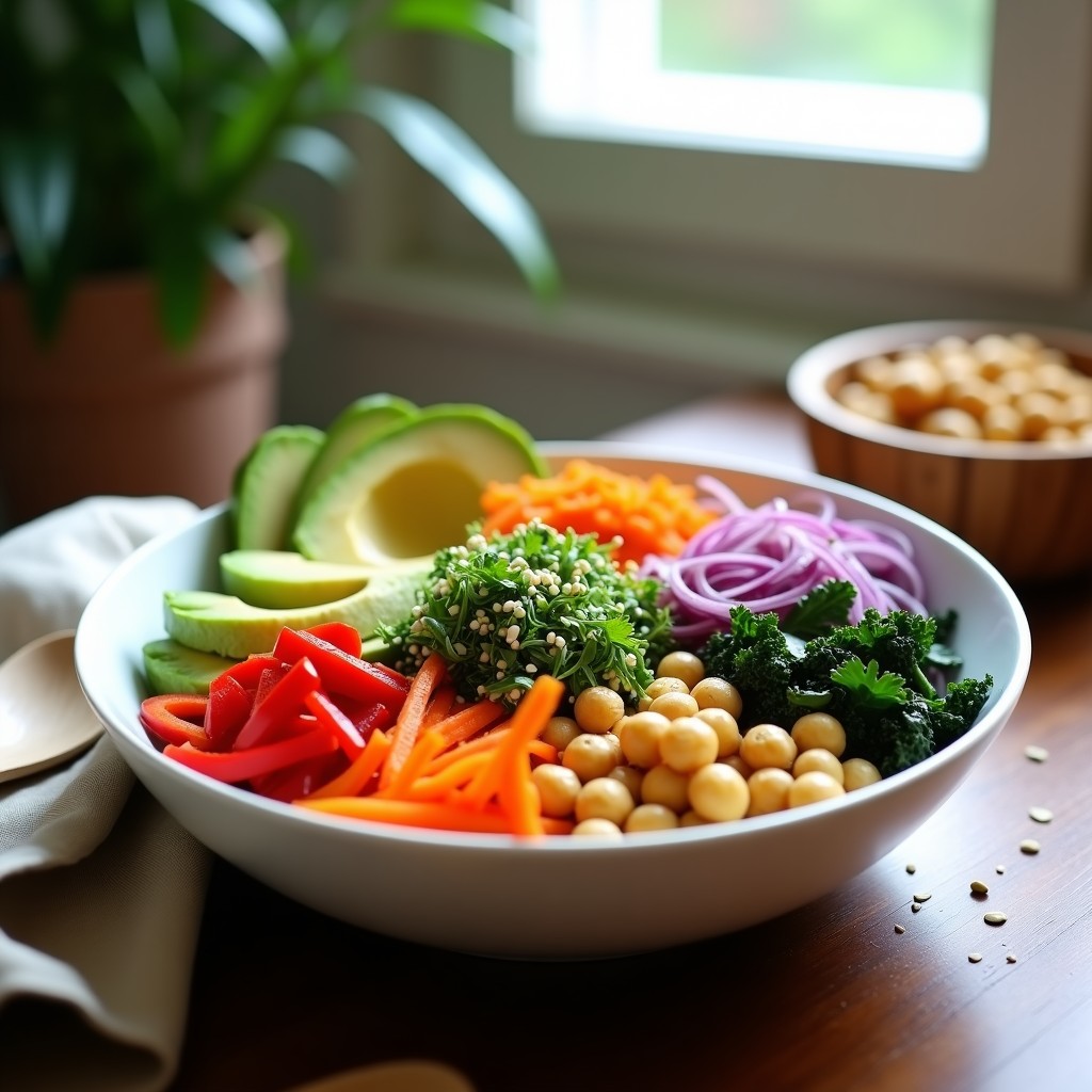 Buddha Bowl vegano colorido con garbanzos asados dorados, aguacate en cubos, zanahoria morada, pimiento rojo, cebolla morada, col rizada, semillas de calabaza y brotes de alfafa, bañado con aderezo cremoso de tahini y limón, servido en un plato hondo de cerámica blanca sobre fondo rústico.