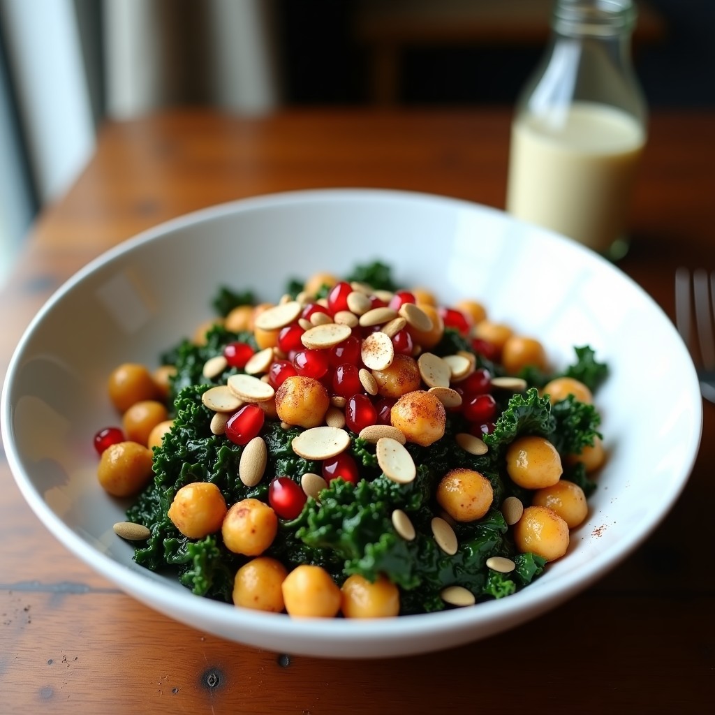 Buddha Bowl vegano en airfryer con garbanzos asados dorados, col rizada crujiente, cebolla morada, zanahorias baby, semillas de granada y aderezo cremoso de anacardos, servido en plato hondo de cerámica blanca.