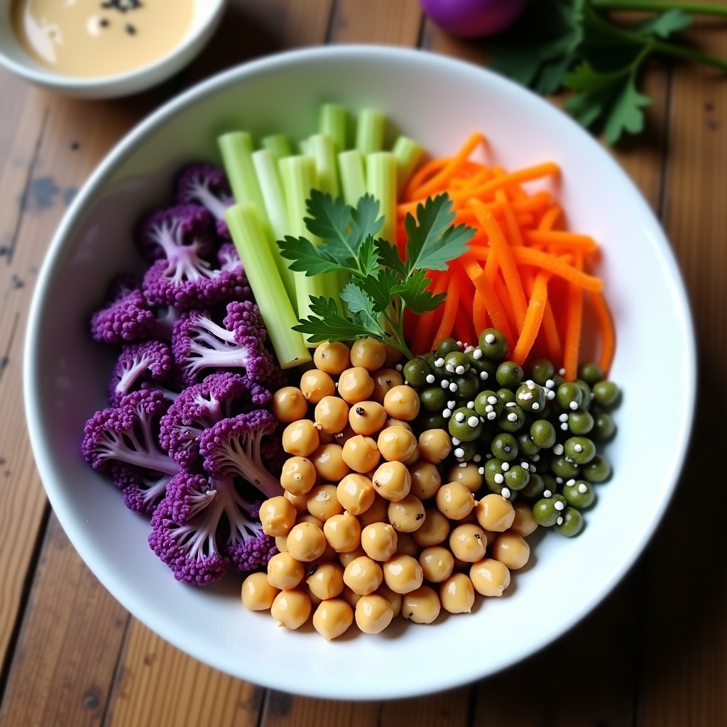 Buddha Bowl crudivegano en plato hondo de cerámica blanca: coliflor morada en juliana marinada con jengibre, garbanzos tostados dorados con pimentón ahumado, zanahoria morada en espiral, apio en bastones y cilantro fresco. Aderezo de tahini cremoso espolvoreado con semillas de sésamo negro.