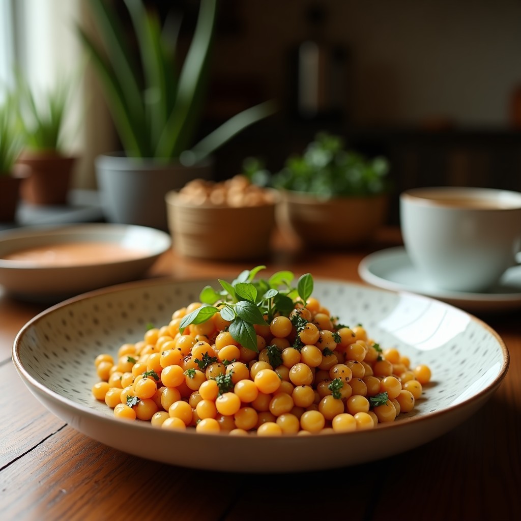Buddha Bowl vegano con garbanzos tostados dorados, espinacas frescas, pimiento rojo asado, pepino, tomates cherry, cebolla morada y aceitunas kalamata, bañado en aderezo cremoso de tahini y decorado con semillas de sésamo y perejil fresco.