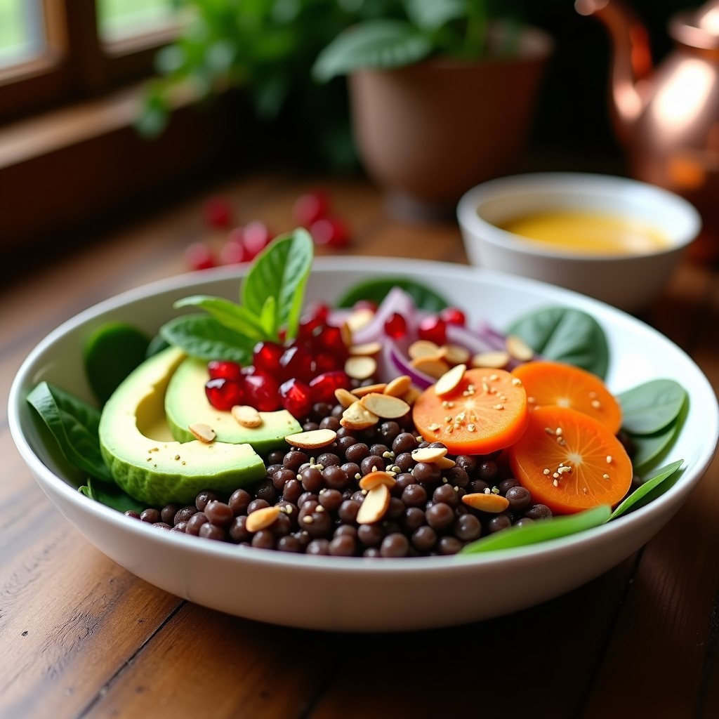 Buddha Bowl persa vegano con lentejas beluga negras, aguacate en cubos, semillas de granado rojas brillantes, cebolla morada y zanahoria asadas doradas, espinacas frescas y almendras fileteadas. Aderezo cremoso de yogur de soja con azafrán sobre un plato de cerámica blanca.
