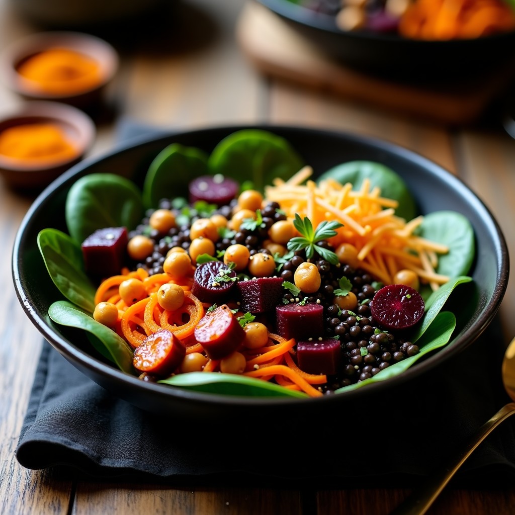 Buddha Bowl de Lentejas Beluga y Remolacha Morada con Vinagreta de Tamarindo: Receta Vegana India en 25 Minutos