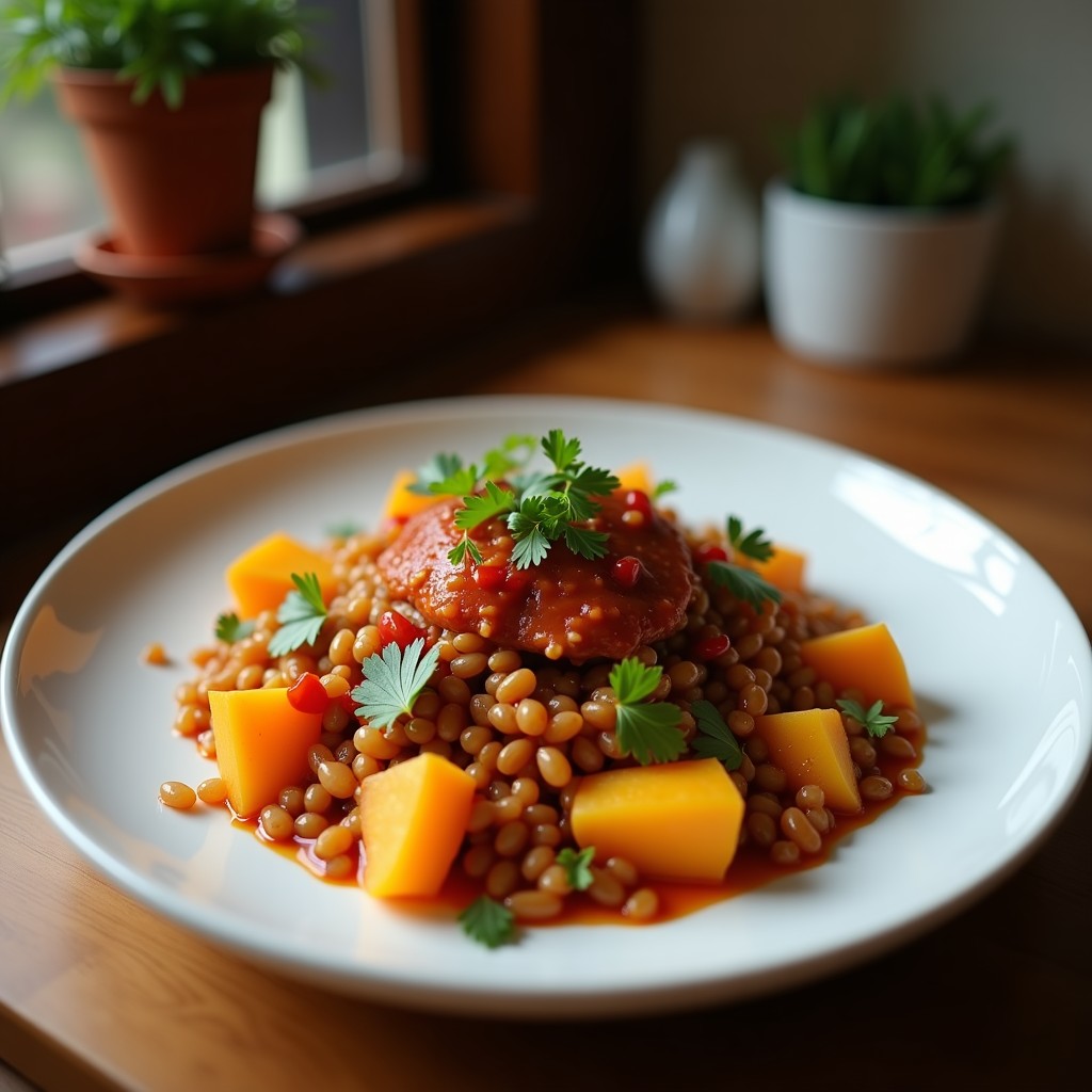 Buddha bowl colorido con lentejas rojas cremosas, batata asada dorada en cubos, pimiento rojo en tiras, espinacas frescas, aguacate en trozos y semillas de sésamo, bañado con salsa de tamarindo y decorado con hojas de cilantro. Plato vegano indio lleno de texturas y colores vibrantes.