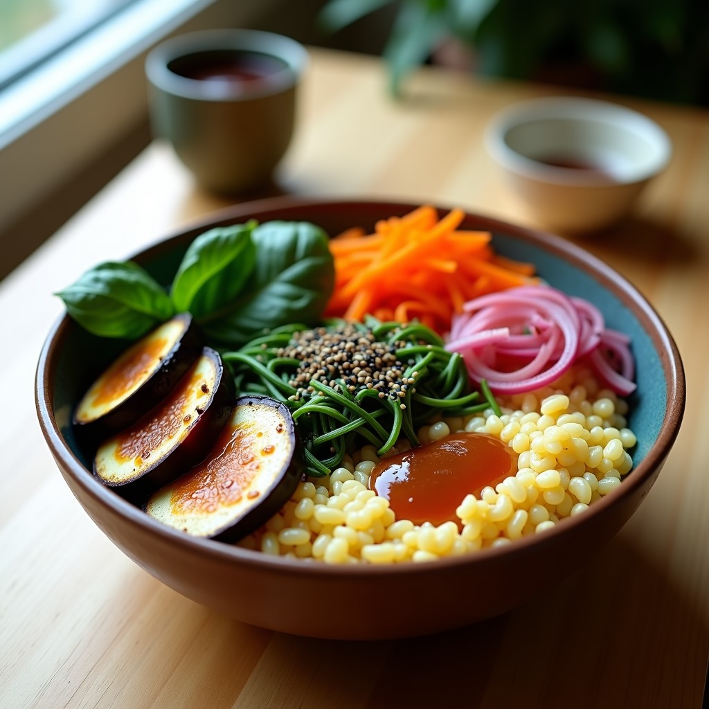 Buddha Bowl colorido con base de mijo dorado, rodajas de berenjena ahumada oscura, espinacas frescas, zanahoria rallada naranja, pimiento rojo en tiras y cebolla morada. Decorado con semillas de sésamo negro y algas nori, bañado en un aderezo brillante de miso. Receta macrobiótica vegana.