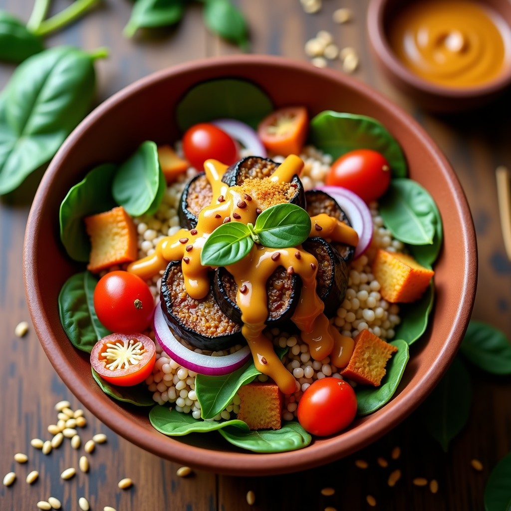 Buddha Bowl de mijo africano con berenjena asada dorada, zanahoria caramelizada y pimiento rojo en un cuenco de cerámica negra. La salsa de cacahuete cremosa cubre los ingredientes, espolvoreada con semillas de sésamo y decorada con rodajas de limón. Plato vegano alto en hierro con texturas contrastadas.