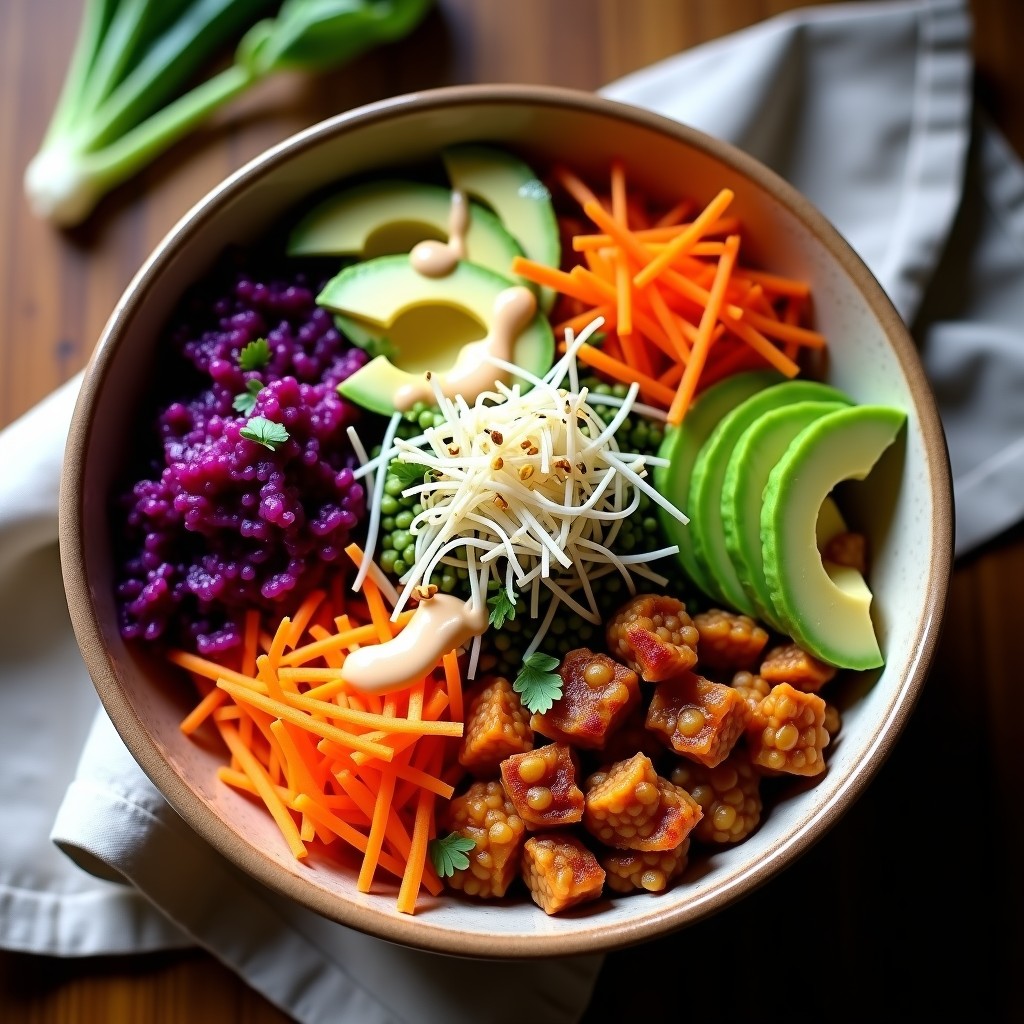 Buddha Bowl colorido con base de mijo dorado, kimchi vegano, col morada fermentada, aguacate en cubos, zanahoria en juliana, pepino en rodajas y brotes de alfalfa, bañado en aderezo de miso blanco y decorado con semillas de sésamo tostadas. Plato antiinflamatorio y vegano.