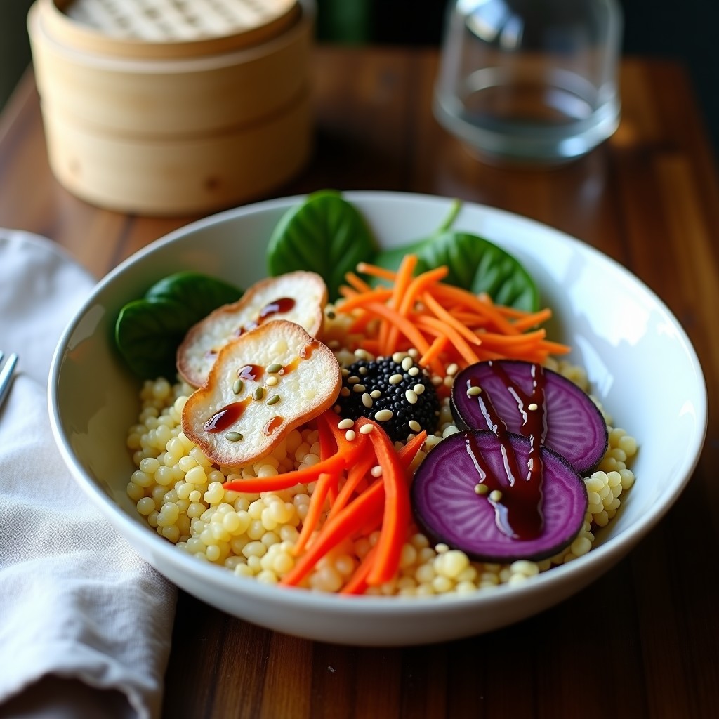 Buddha Bowl macrobiótico en cuenco de cerámica negra con base de espinacas baby, mijo dorado, rodajas de raíz de loto crujiente, zanahoria morada en juliana y pimiento rojo. Decorado con semillas de girasol y sésamo negro, alga nori y cebollino fresco. Aderezo de tamari brillante vertido sobre los ingredientes.