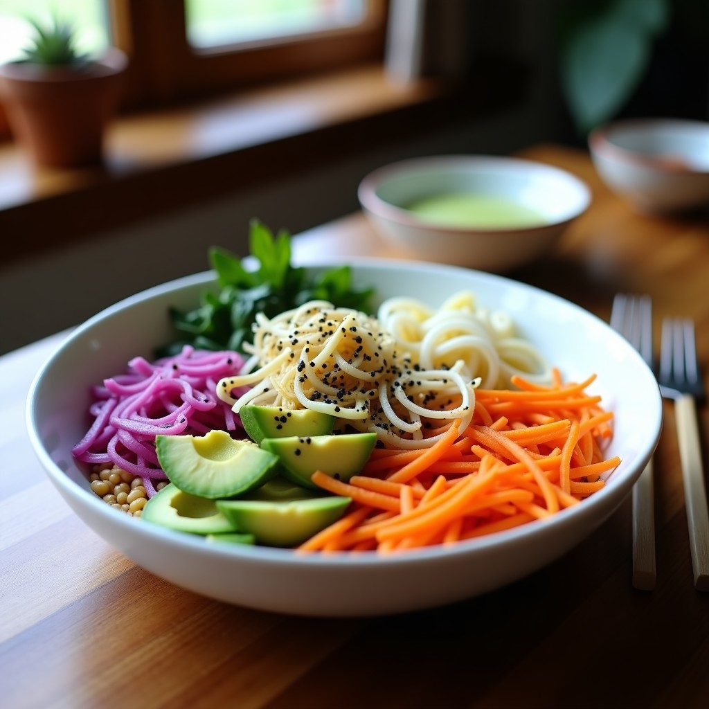 Buddha Bowl vegano con base de mijo dorado, kimchi de col morada, daikon en escabeche, zanahoria morada, pepino japonés, aguacate y brotes de rábano. Aderezo cremoso de wasabi y tahini espolvoreado con semillas de sésamo negro y algas nori. Plato colorido y saludable con contrastes de sabores umami y picantes.
