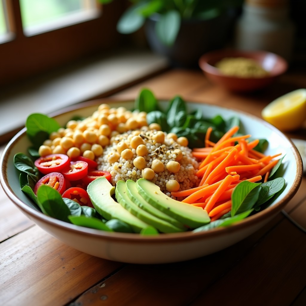 Buddha bowl colorido con quinoa, garbanzos, espinacas, zanahoria, pimiento rojo y aguacate, decorado con semillas de girasol y aliñado con limón.
