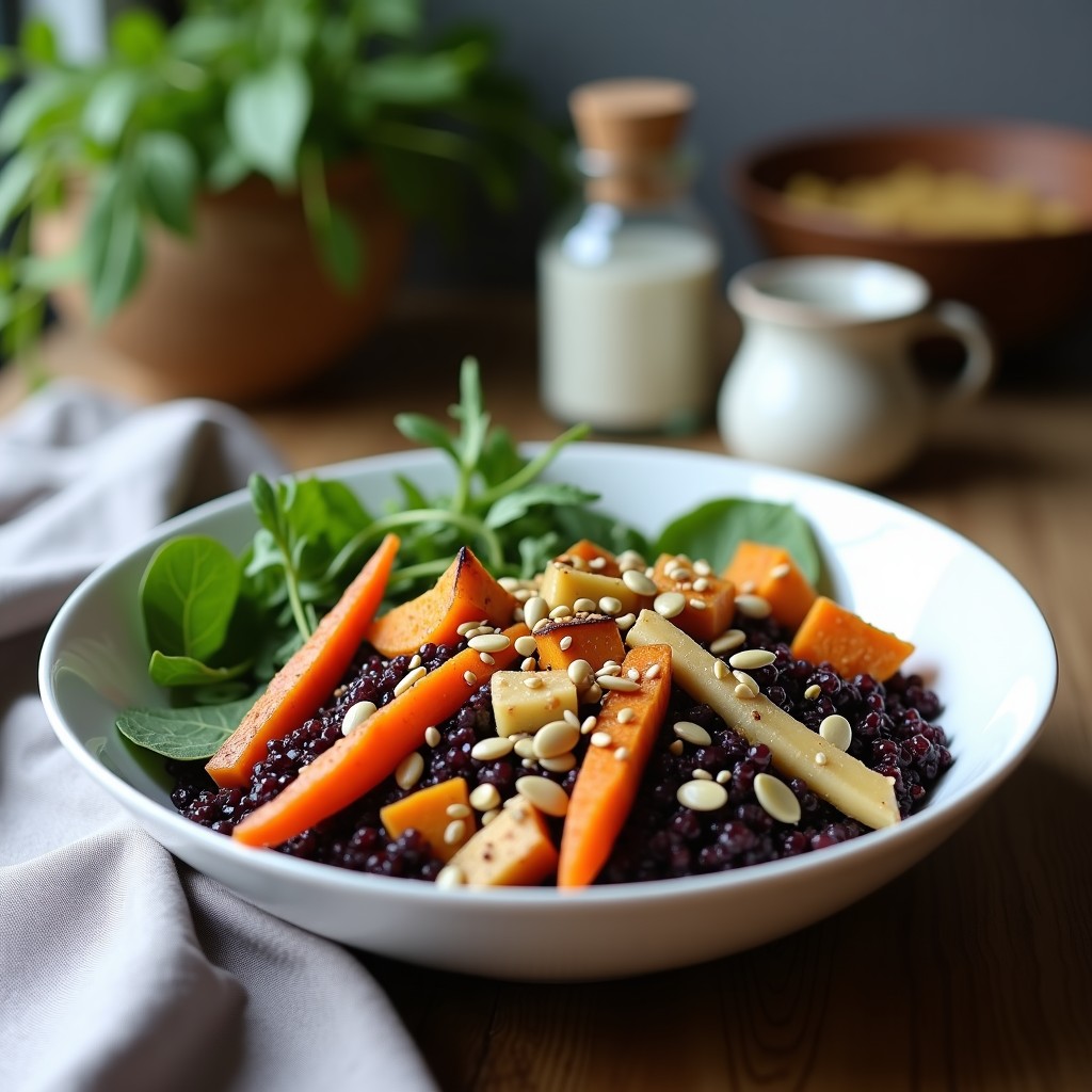 Buddha Bowl de Quinoa Negra y Raíces Asadas: Receta Vegana con Aderezo de Tahini y Limón