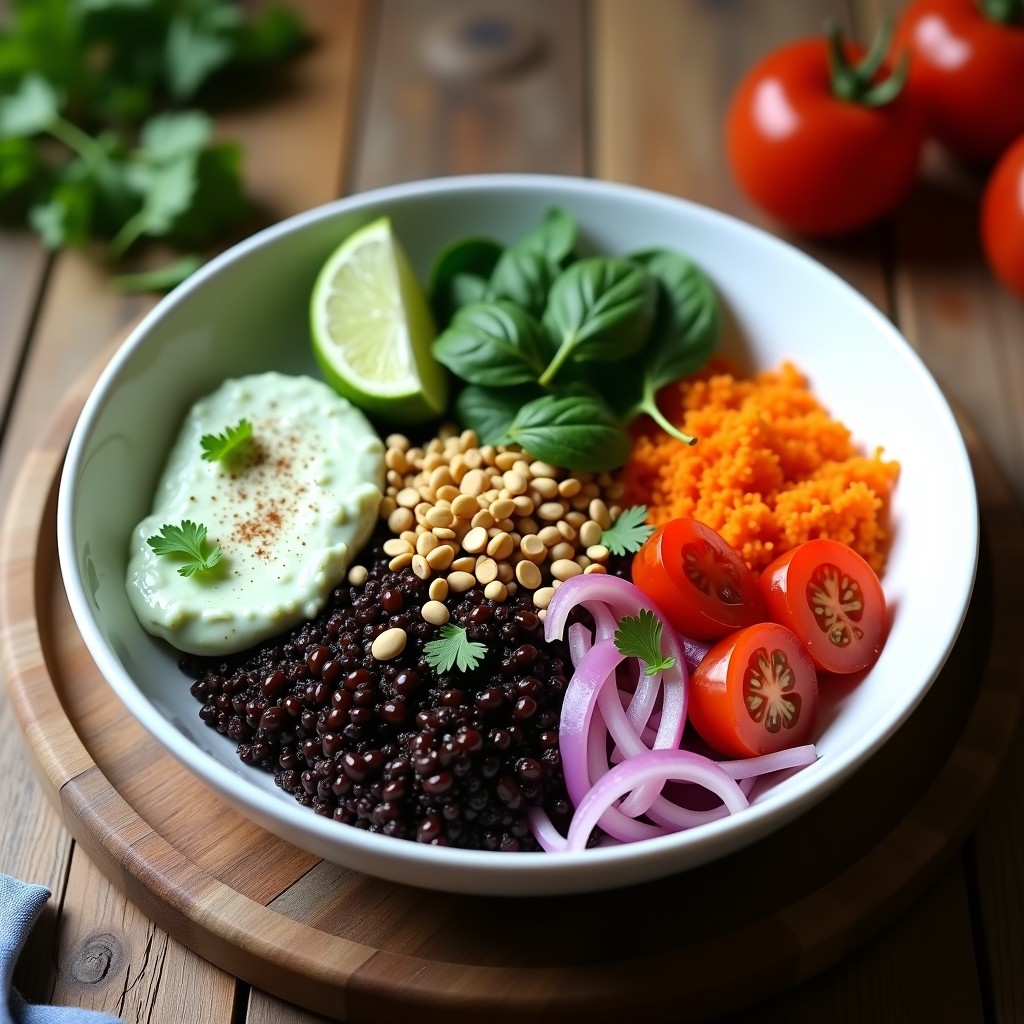 Buddha Bowl de quinoa negra con raítas de pepino y zanahoria morada, decorado con semillas de mostaza tostadas, sésamo, aguacate, tomates cherry y germinados de lenteja. Plato colorido con toques indios, vegano y crujiente.