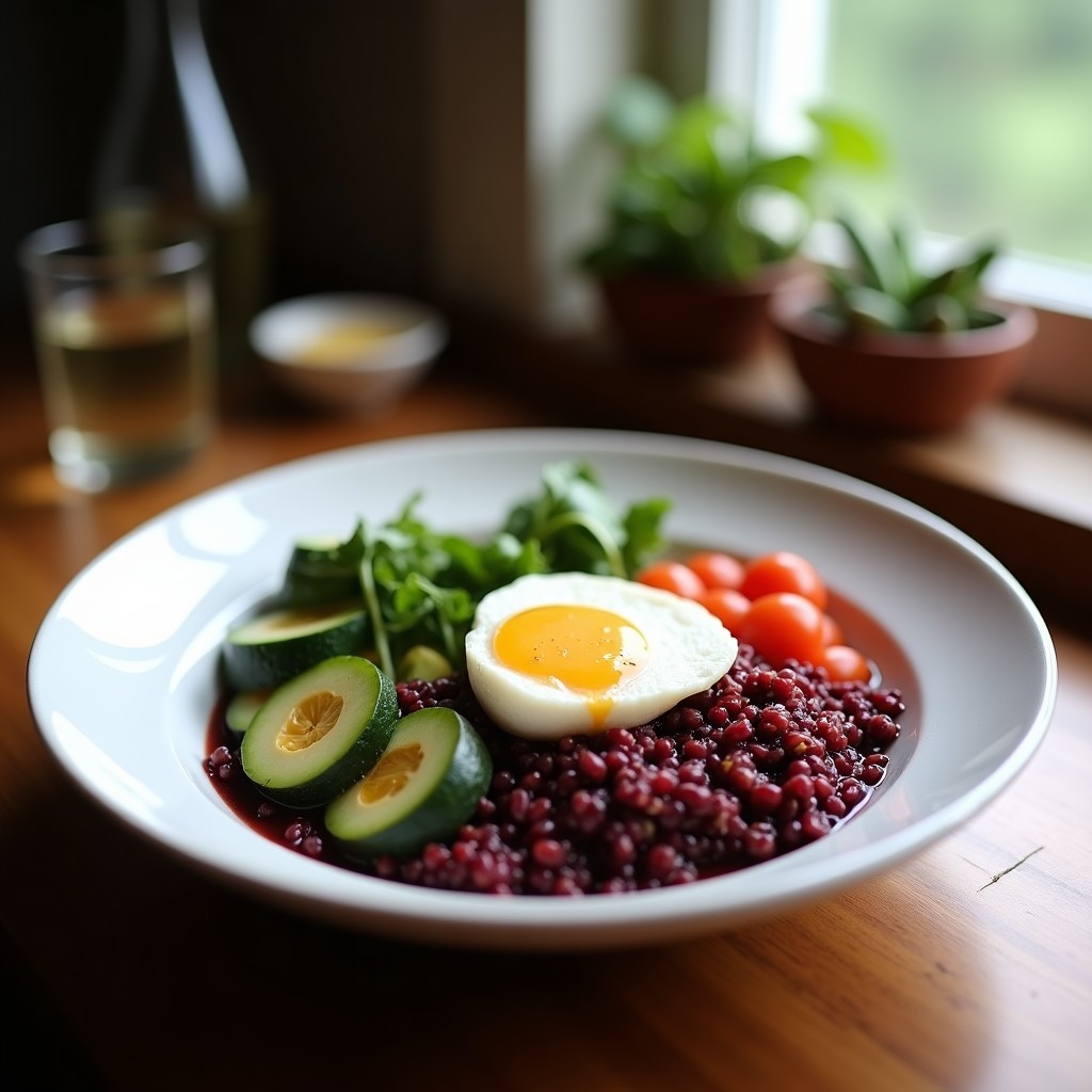 Buddha Bowl de quinoa morada y vegetales asados en airfryer, con calabaza, berenjena, pimiento y aguacate, servido en cuenco blanco con aderezo de yogur y semillas de sésamo, receta peruana saludable y colorida.