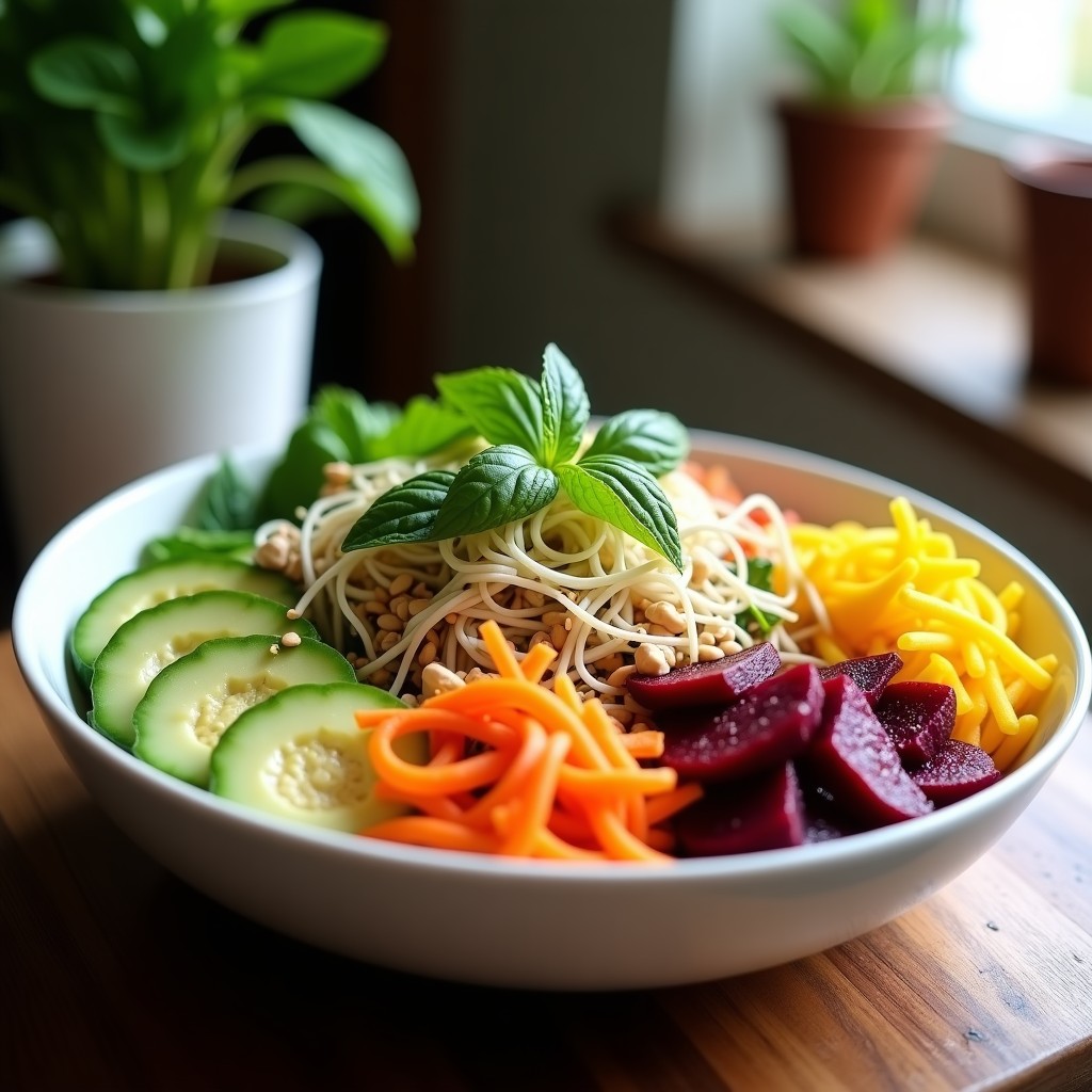 Buddha Bowl colorido con base de rúcula, juliana de remolacha dorada cruda, zanahoria morada rallada, aguacate en cubos, germinados de alfalfa y pipas de calabaza, bañado en aderezo cremoso de tahini y limón. Plato vegano crudivegano fresco y nutritivo.