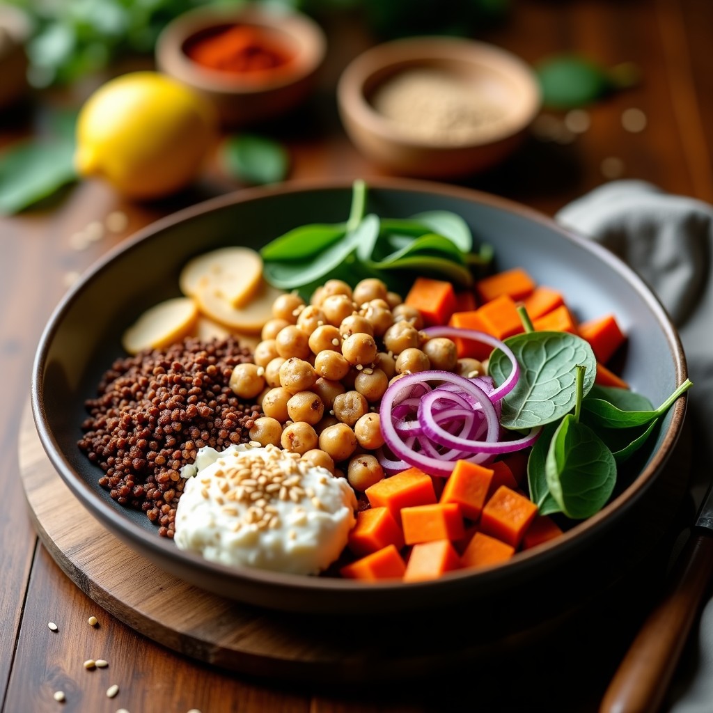 Buddha Bowl etíope con teff marrón como base, raíces asadas (zanahoria morada, remolacha dorada y batata naranja) doradas al horno, col rizada verde, cebolla roja en juliana y semillas de sésamo tostadas. Bañado con un aderezo rojo intenso de berbere y decorado con perejil fresco.