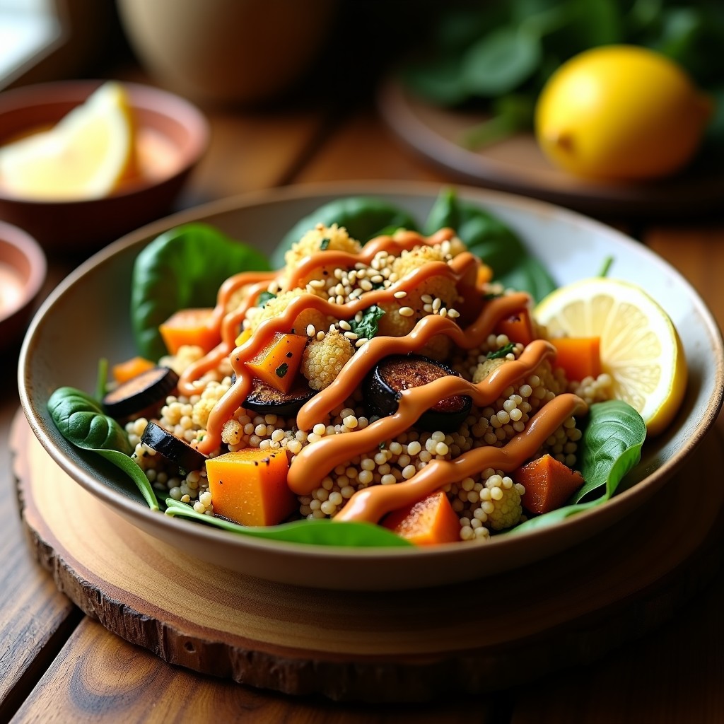 Buddha Bowl de Teff y vegetales asados con aderezo de berbere: plato colorido con base de espinacas, teff esponjoso, calabaza, berenjena y coliflor doradas, decorado con jojoba tostada y bañado en salsa cremosa de berbere.