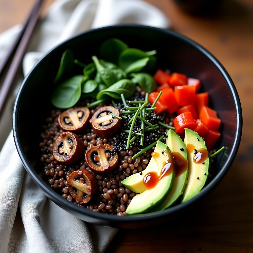 Buddha Bowl japonés keto con base de trigo sarraceno, hongos shimeji dorados, espinacas crujientes, aguacate en cubos y algas nori, bañado en vinagreta de uméboshi. Plato colorido y nutritivo servido en un bol de cerámica negra.
