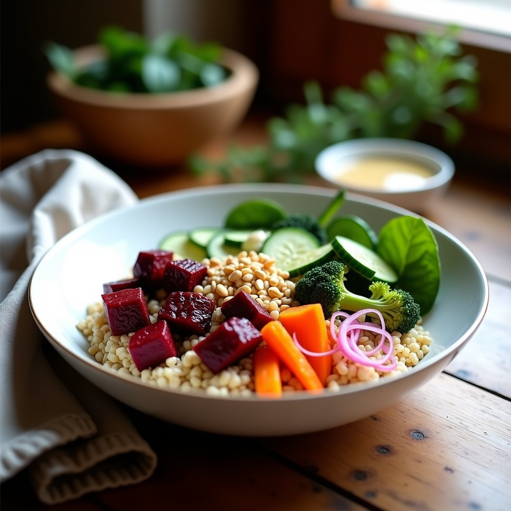 Buddha Bowl colorido con trigo sarraceno como base, remolacha asada en cubos dorados, brócoli y zanahoria salteados, espinacas frescas, pepino en rodajas y cebolla morada. Decorado con semillas de sésamo tostado, almendras fileteadas y bañado en un aderezo cremoso de tahini y miel de dátil. Plato servido en un bowl de cerámica blanca con fondo rústico.