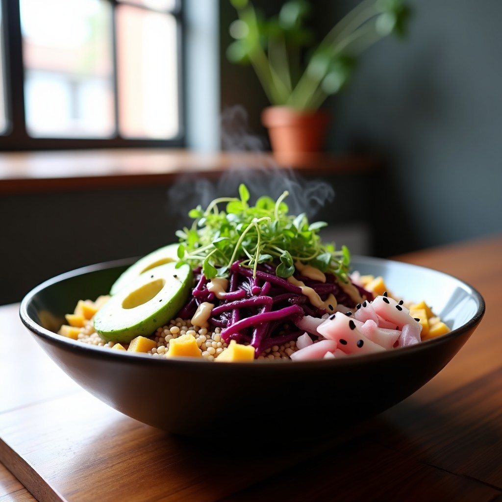 Buddha Bowl colorido con trigo sarraceno tostado, vegetales fermentados (kimchi morado y daikon), aguacate en cubos, semillas de sésamo negro y aderezo cremoso de miso blanco, servido en un bowl de cerámica oscura sobre fondo de madera.