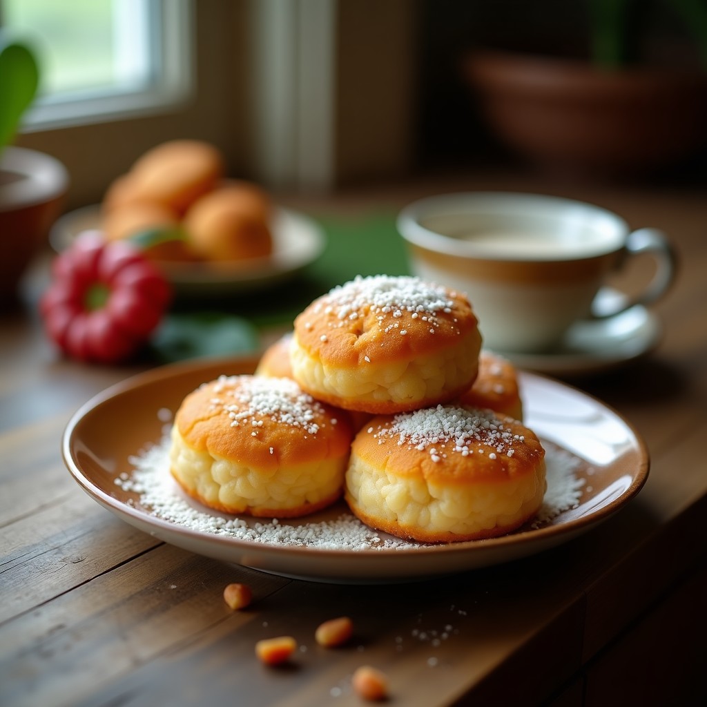 Bugnes dorados y esponjosos de harina de arroz y azúcar de coco, postre francés sin gluten y keto, dispuestos en una bandeja de madera con detalles de canela espolvoreada.