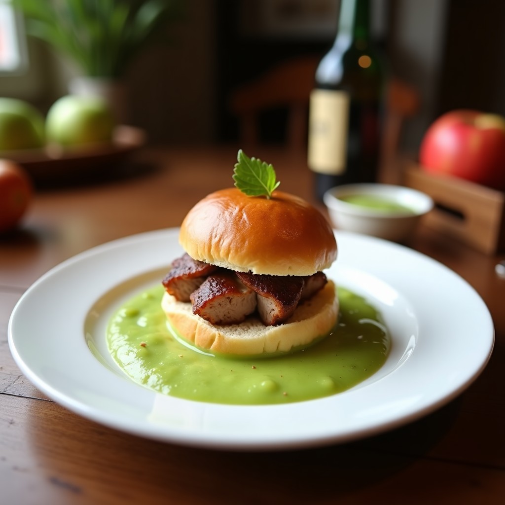 Plato blanco de porcelana con trozos de bulo de cerdo ibérico dorado y jugoso, napado con reducción brillante, acompañado de puré de manzana verde cremoso y decorado con una ramita de romero fresco. Receta española gourmet en olla lenta.