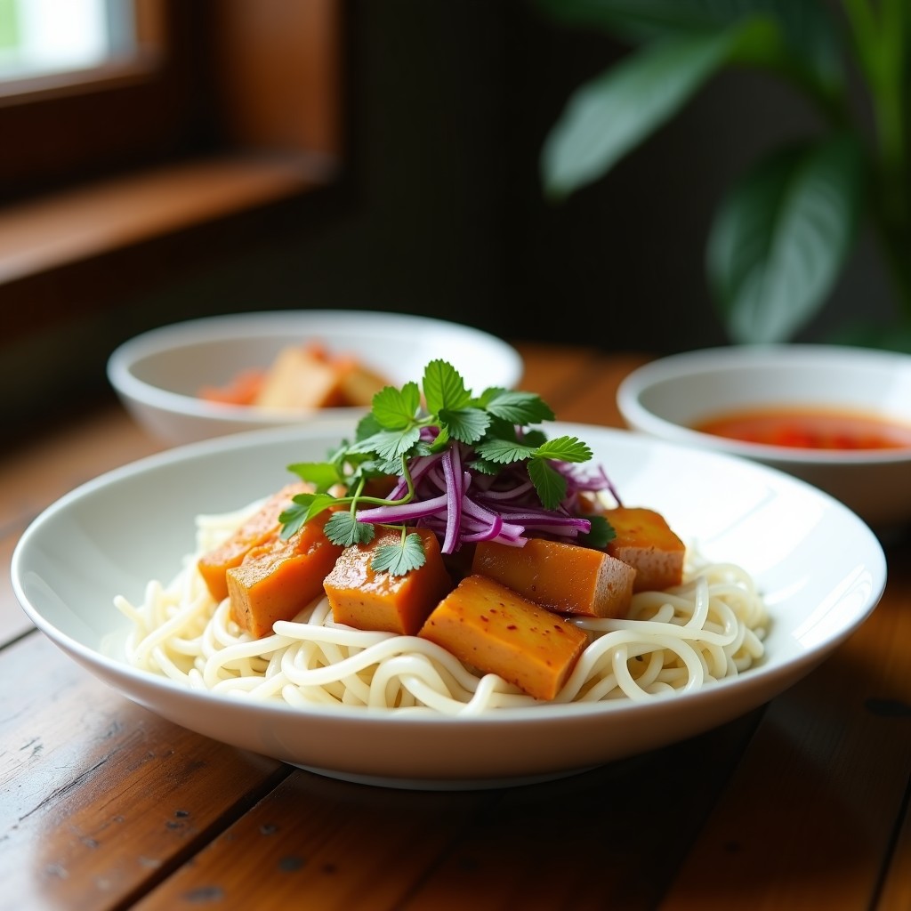 Bun Cha vietnamita vegano en un bol hondo con fideos de arroz, tofu ahumado dorado, zanahoria en juliana, pepino fresco, cebolla morada y hierbas verdes. Acompañado de un cuenco con caldo aromático y una salsa nuoc cham en un platito aparte. Receta en olla express.