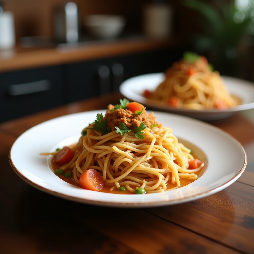 Plato tradicional vietnamita Bun Cha con fideos de arroz, trozos de cerdo caramelizado, hierbas frescas como cilantro y menta, zanahoria juliana y salsa nuoc cham, servido en cuencos de cerámica sobre fondo rústico.