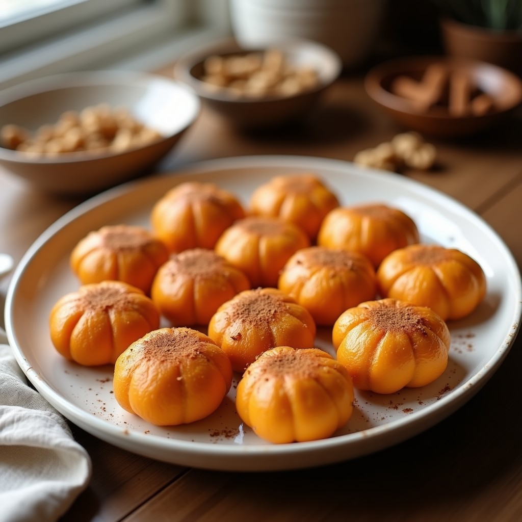 Buñuelos de calabaza al horno dorados y crujientes, servidos en un plato de cerámica blanca con un toque de canela espolvoreada y nueces picadas por encima.