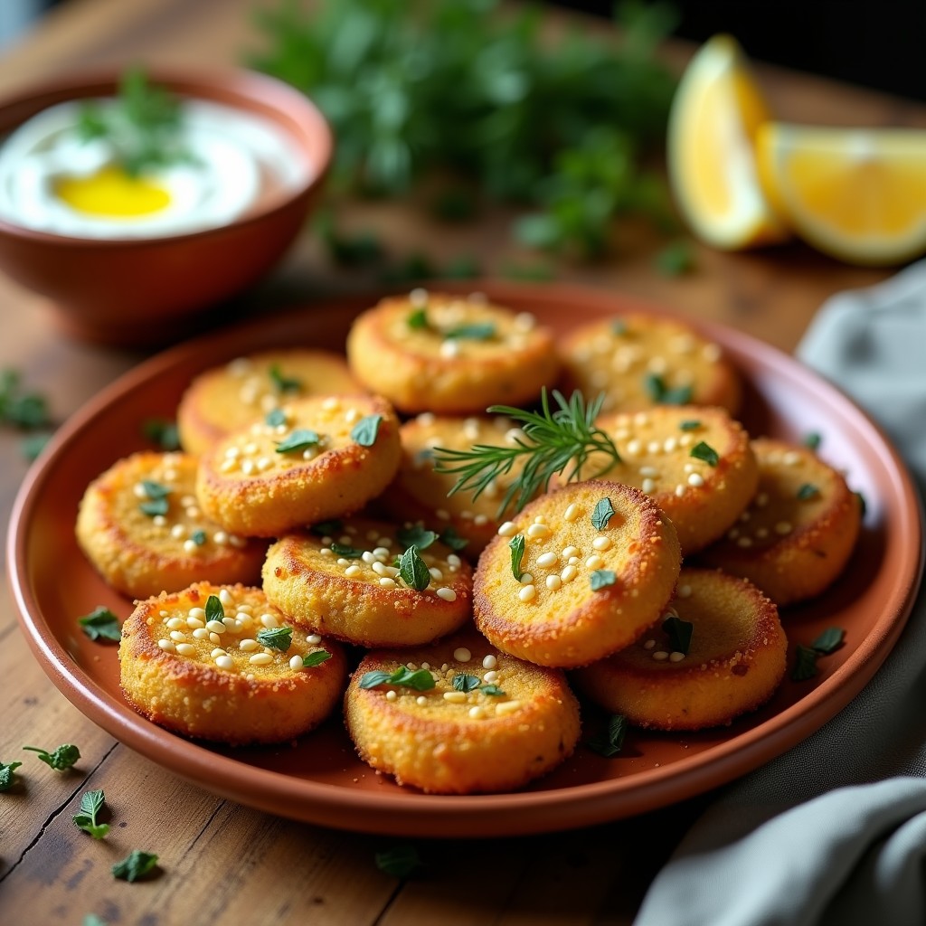Buñuelos dorados de espinaca y queso feta en airfryer con sésamo tostado, servidos en plato de cerámica blanca con salsa de yogur y hierbas frescas al fondo.