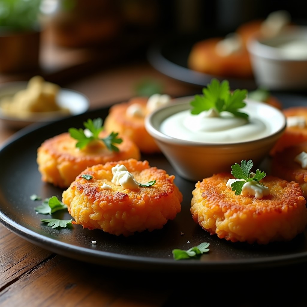 Buñuelos dorados y crujientes de harina de teff con trozos de queso feta visibles, servidos en un plato de barro con dip de yogur y menta al lado, aperitivo etíope sin gluten.
