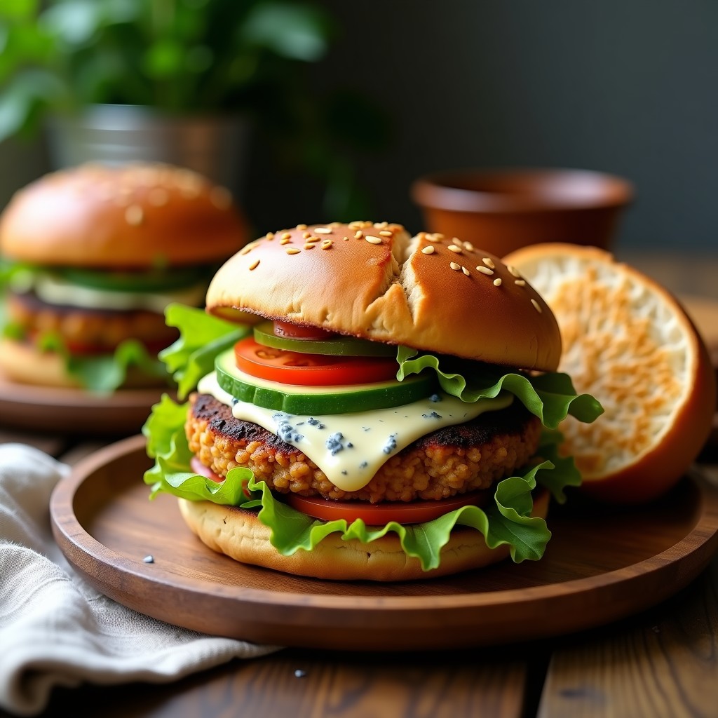 Burger vegano con pan dorado de almendra, relleno de jackfruit desmenuzado y queso azul cremoso, acompañado de lechuga, tomate y aguacate. Receta de burgers de jackfruit y queso azul con pan de almendra vegana y sin harina.