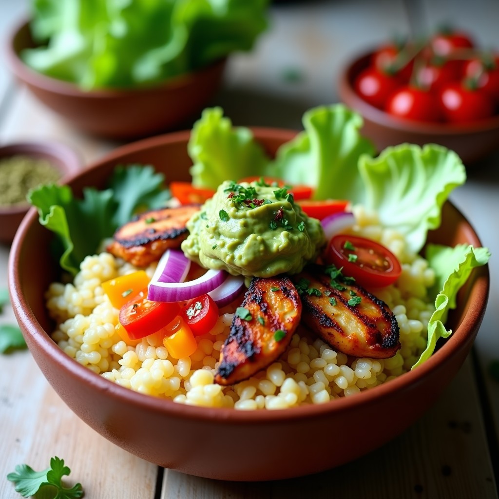 Burrito Bowl Keto con arroz de coliflor dorado, pollo al chimichurri jugoso, guacamole cremoso, tomates cherry, pimiento rojo y cebolla morada sobre hojas de lechuga, servido en un bol de barro rústico.