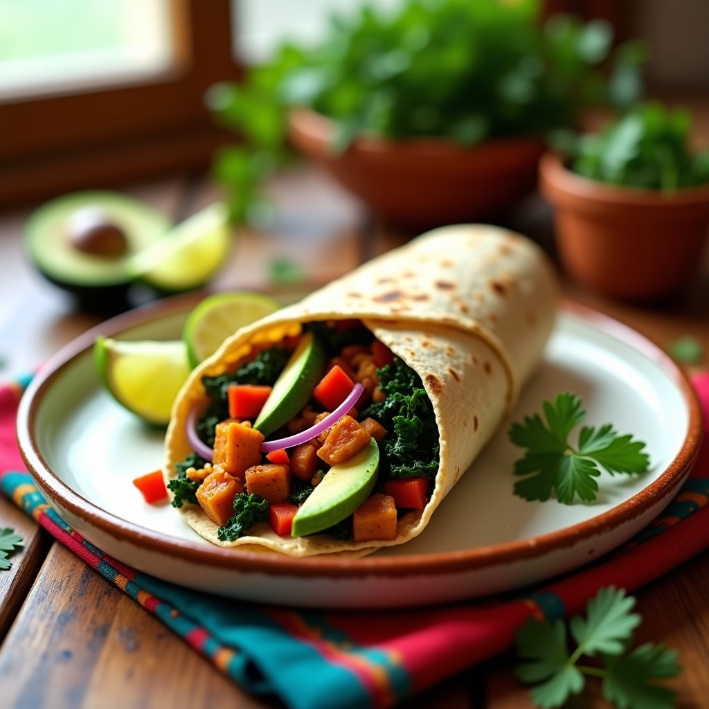 Burrito vegano de col rizada y jackfruit enrollado en tortilla de maíz integral, con relleno visible de jackfruit desmenuzado dorado, col rizada salteada y guacamole cremoso, espolvoreado con semillas de sésamo. Presentado en un plato de barro con fondo rústico y decorado con rodajas de limón y cilantro fresco.