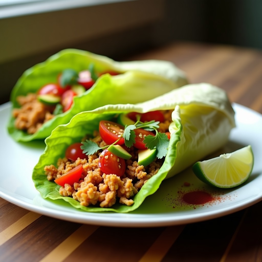 Burrito de lettuce vegano con hojas de lechuga romana rellenas de jackfruit desmenuzado dorado, aguacate, tomate cherry y cilantro, bañado en aderezo cremoso de chipotle. Plato colorido y fresco sobre fondo rústico.