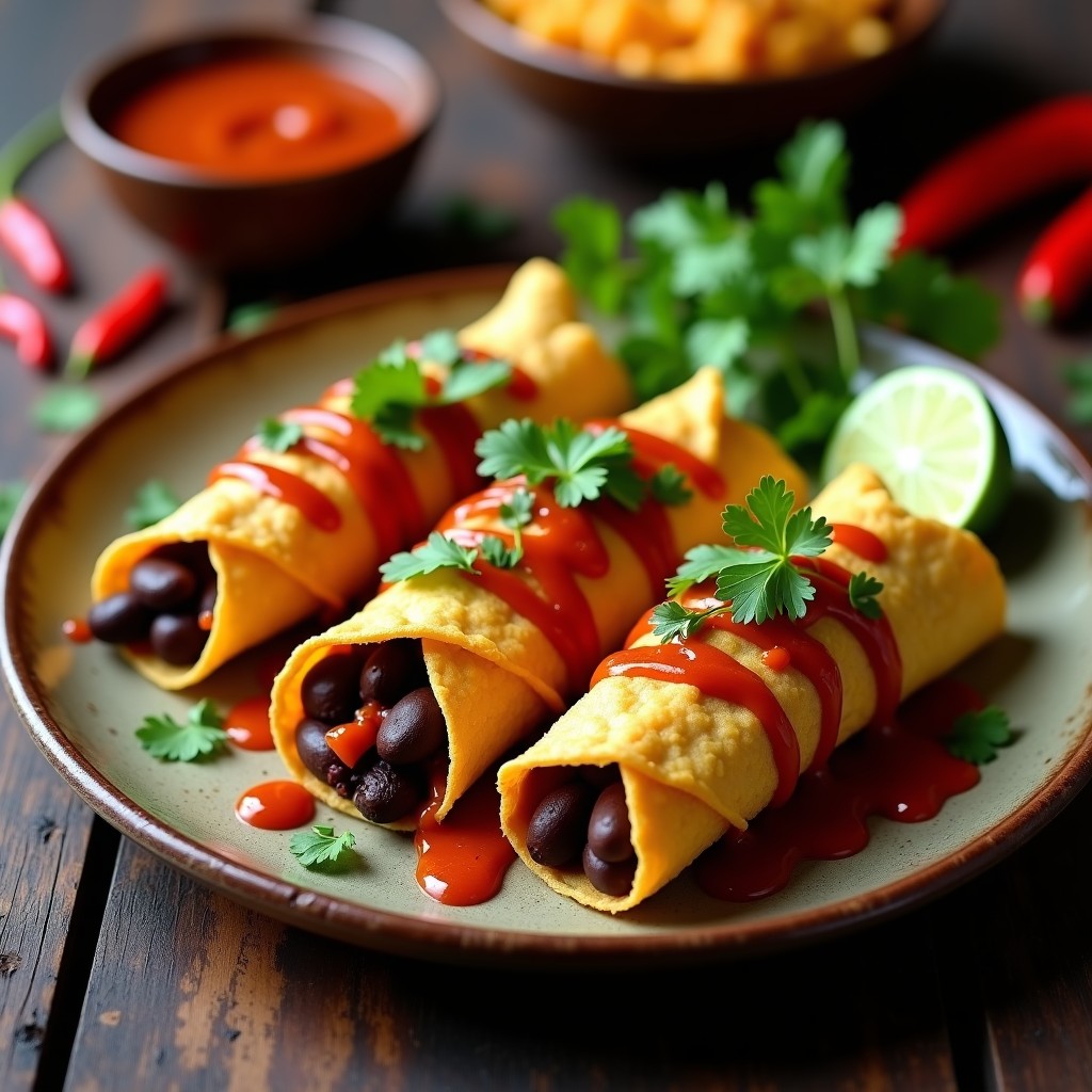 Burritos de coliflor rizada dorados al horno, rellenos de frijoles negros y bañados en salsa chipotle cremosa, servidos en plato de barro con cilantro fresco y rodajas de limón. Receta mexicana keto y sin gluten.