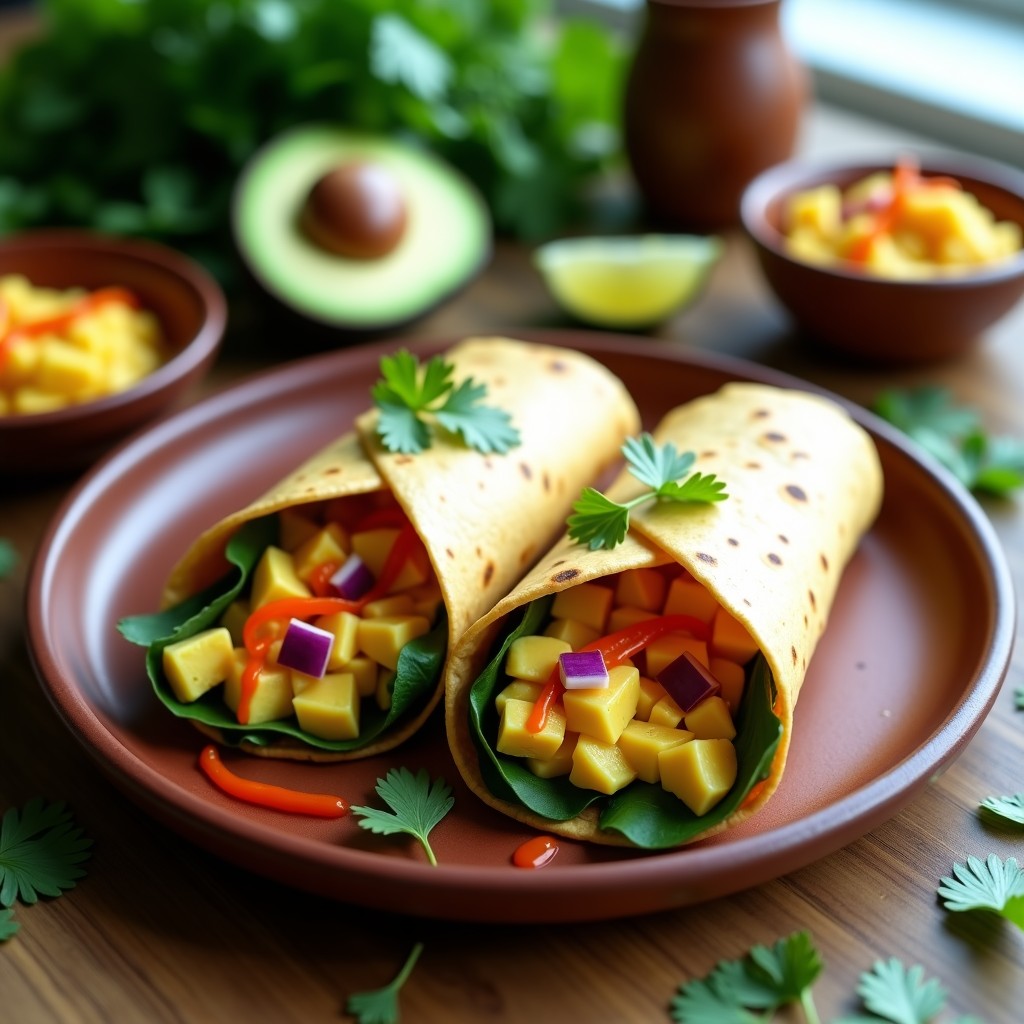 Burritos veganos rellenos de huevos de lino esponjosos, aguacate cremoso, espinacas y salsa picante, servidos en un plato de barro con fondo rústico de madera. Receta de desayuno en Thermomix alta en proteína.