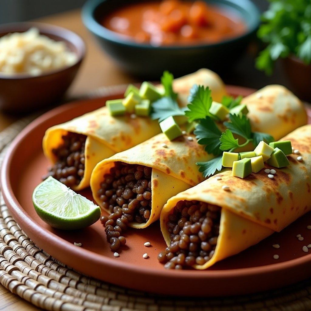 Burritos de lentejas y arroz salvaje en un tupper de cristal, con tortillas integrales rellenas de una mezcla oscura de lentejas y arroz, acompañados de rodajas de aguacate y cilantro fresco. Plato listo para llevar, con fondo rústico de madera.