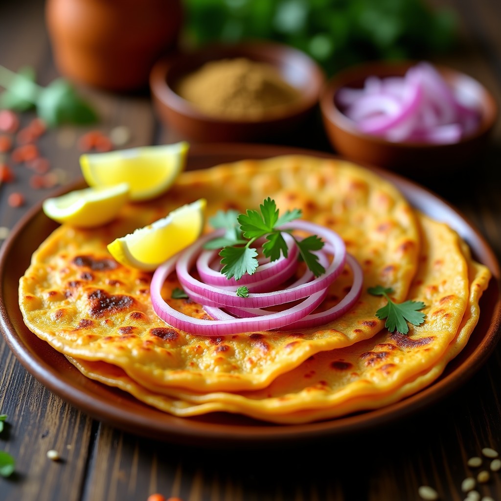Byadgi Chili Dosa doradas y crujientes en un plato de madera, con cebolla morada, cilantro fresco y rodajas de limón. Fondo con especias indias y hojas de curry.