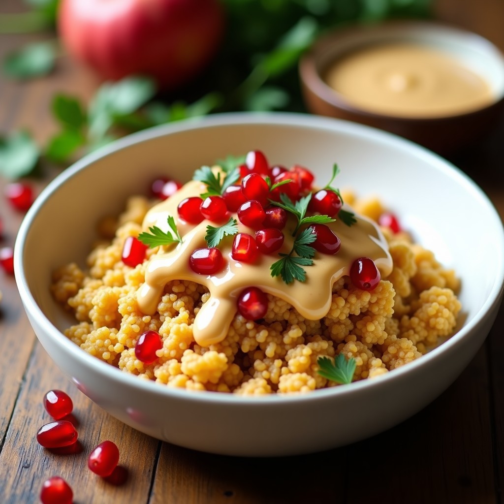 Plato hondo de cerámica blanca con cadaif de coliflor dorada y crujiente, bañada en salsa de tahini cremosa y decorada con semillas de granada rojas brillantes y perejil fresco picado. Receta libanesa sin gluten.