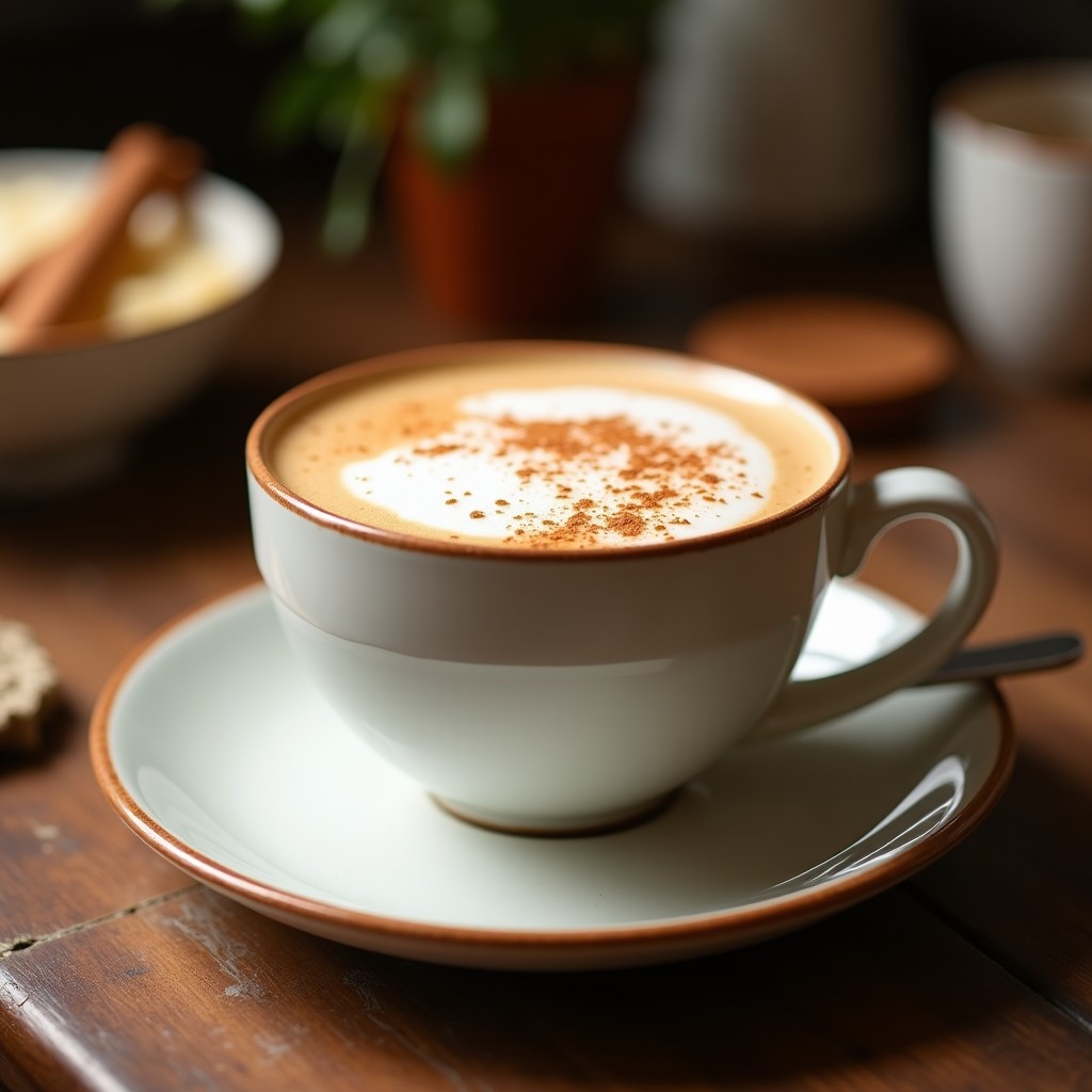 Taza de cerámica blanca con latte vegano de achicoria, espuma de coco cremosa y espolvoreada con canela, sobre fondo de madera rústica con hojas de canela y semillas de achicoria al lado.