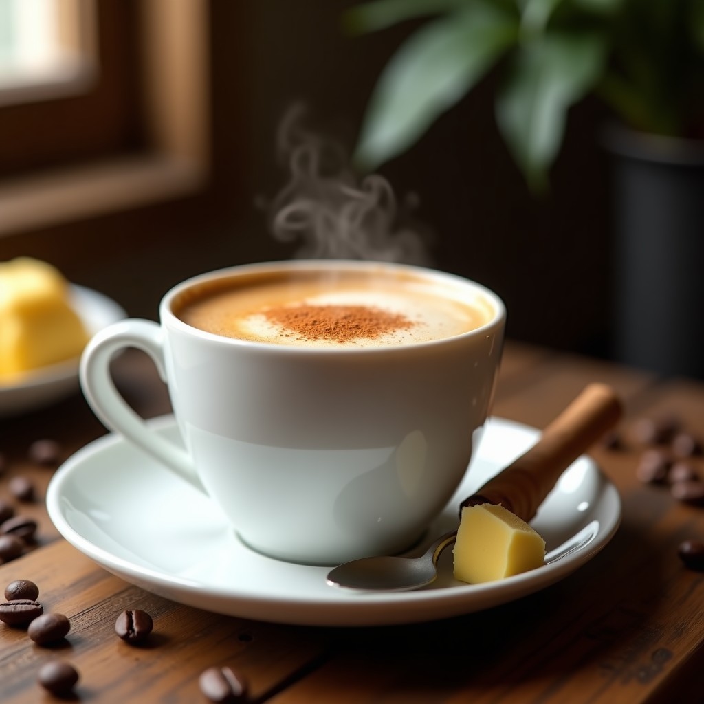 Taza de porcelana blanca con Café Bulleproof espumoso, coronado por un ligero polvo de canela de Ceilán, sobre una mesa de madera rústica con granos de café y una cuchara de mantequilla de yak al lado. Bebida keto energizante lista para servir.