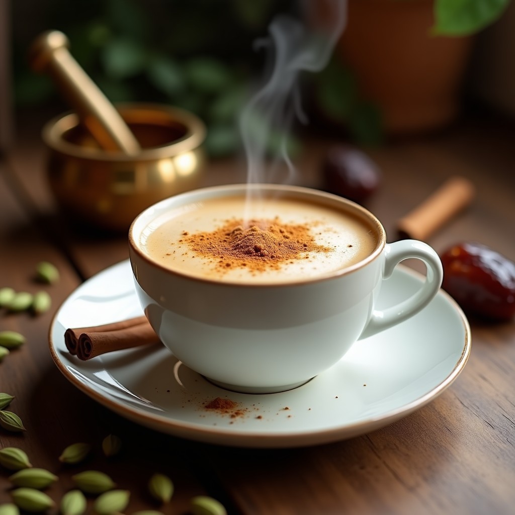 Taza de cerámica blanca con bebida de café con cardamomo y leche de avena sin cafeína, espolvoreada con cardamomo molido y decorada con una ramita de canela, sobre una mesa de madera rústica con especias árabes al fondo.