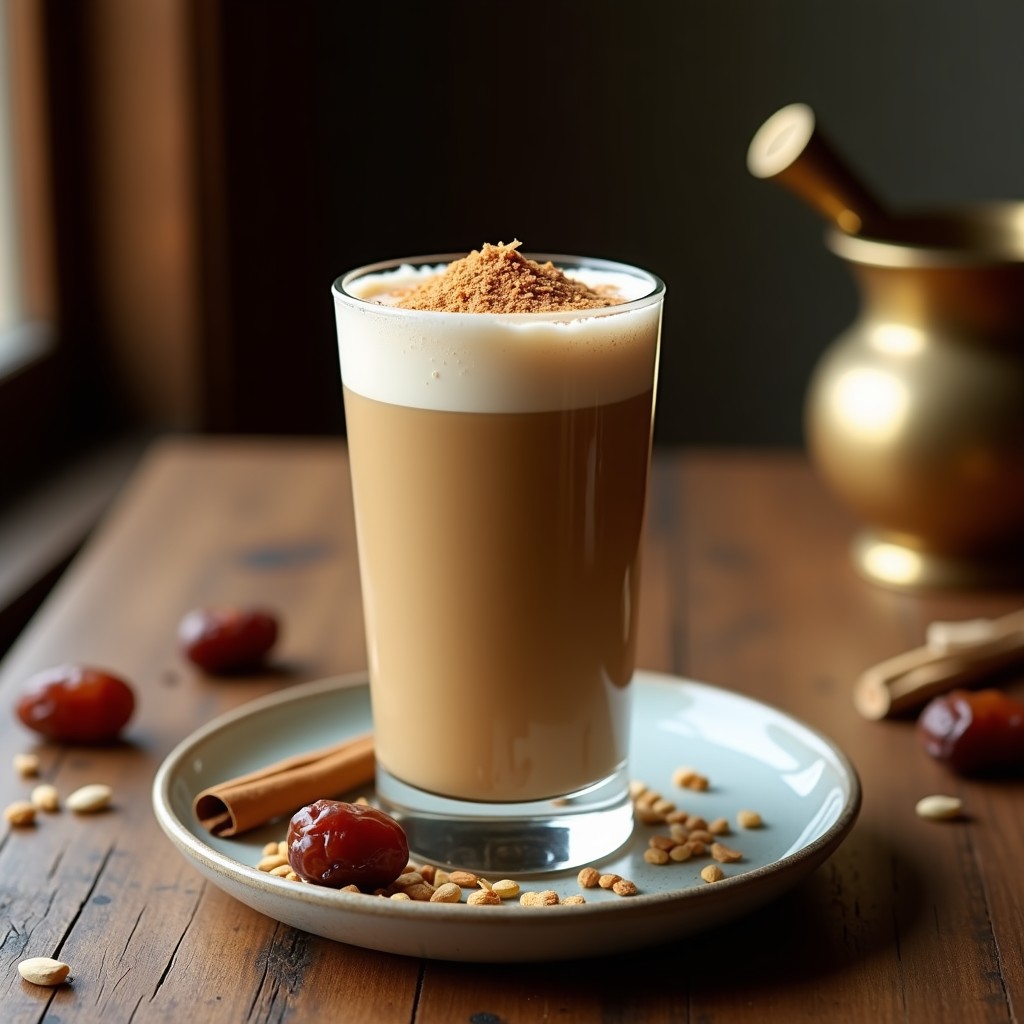 Vaso transparente alto con latte vegano sin cafeína de color crema oscuro, espolvoreado con canela y coco rallado tostado, sobre una mesa de madera con semillas de cardamomo y dátiles al lado.